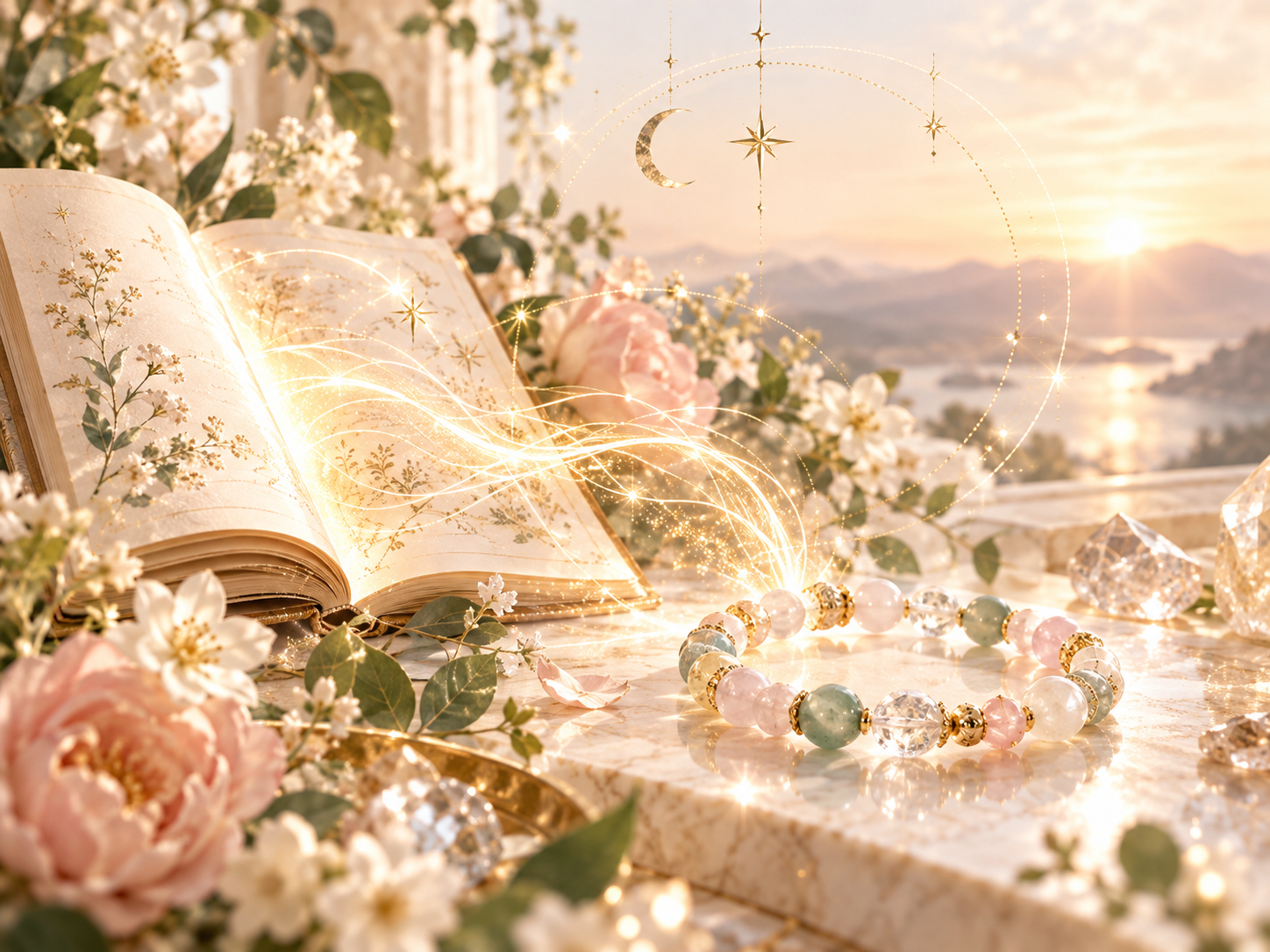 花々に囲まれた開いた本から光が広がり、そばに天然石ブレスレットが置かれた幻想的なイメージ画像
