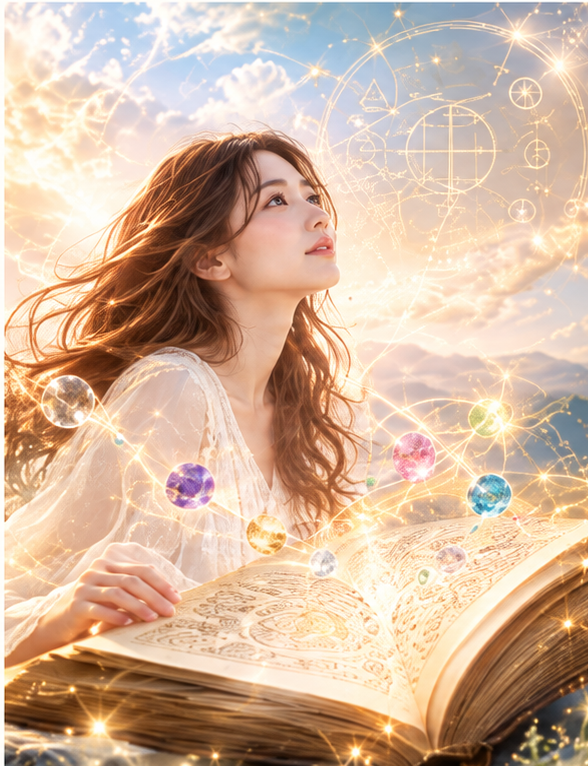 光り輝く本を開く女性と、周囲に浮かぶ宝石や神秘的な模様を描いたイラスト