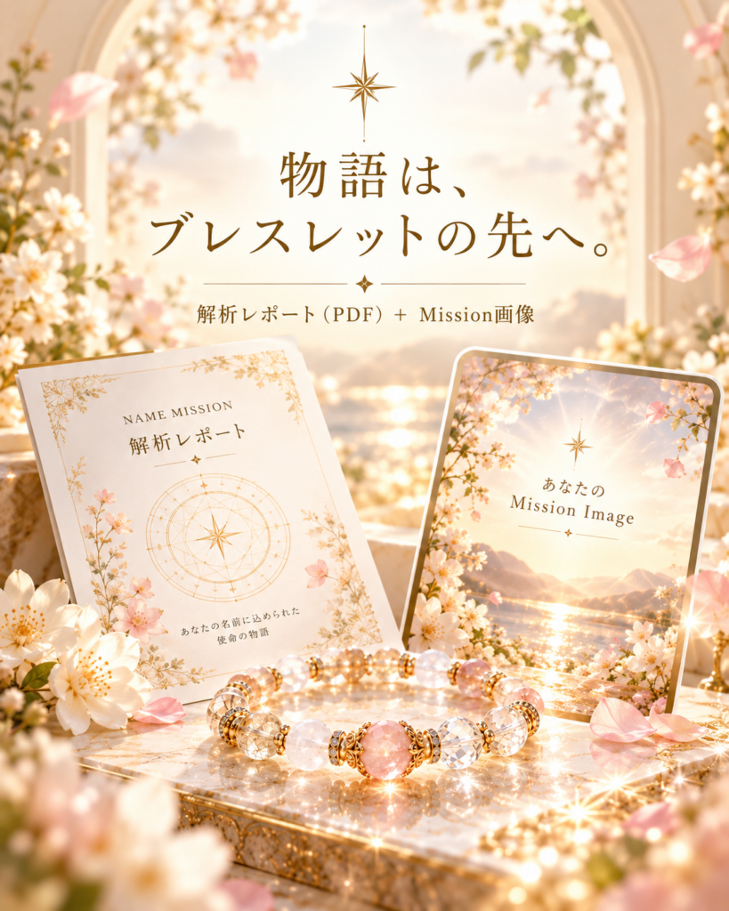 「物語は、ブレスレットの先へ。」の文字と、NAME MISSIONの解析レポート、Mission画像、天然石ブレスレットを並べたイメージ画像